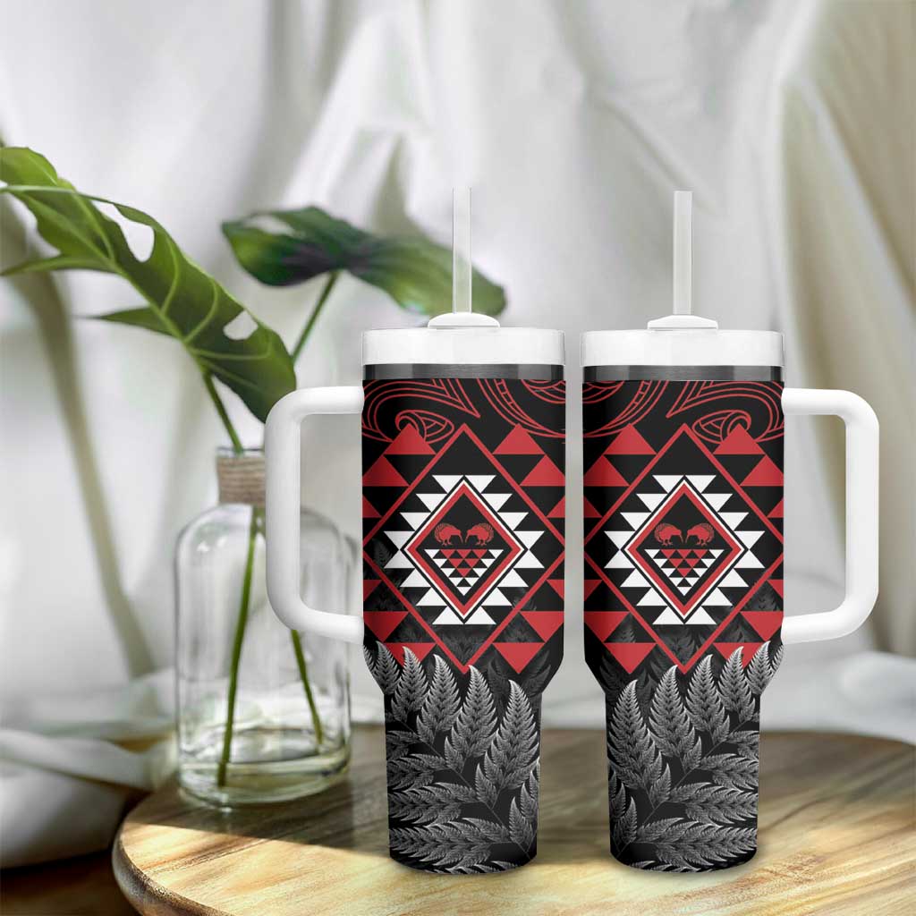 Aotearoa Kiwi Taniko Tumbler With Handle Silver Fern With Maori Koru Pattern