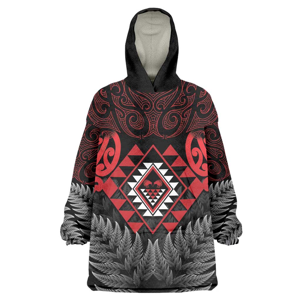 Aotearoa Kiwi Taniko Wearable Blanket Hoodie Silver Fern With Maori Koru Pattern - Vibe Hoodie Shop