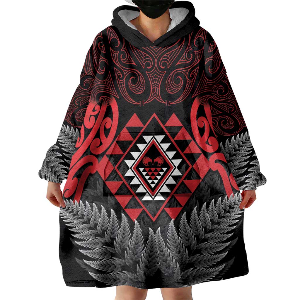 Aotearoa Kiwi Taniko Wearable Blanket Hoodie Silver Fern With Maori Koru Pattern - Vibe Hoodie Shop