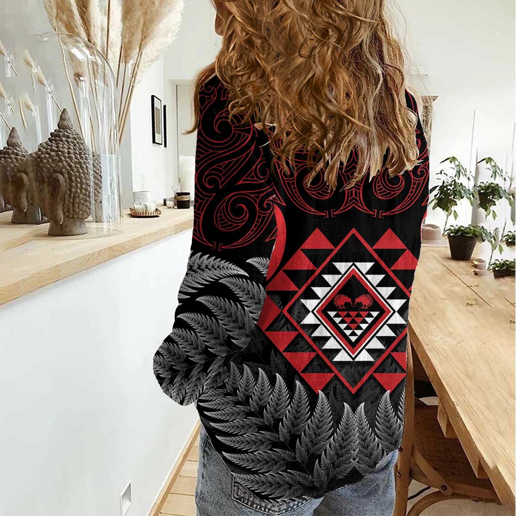 Aotearoa Kiwi Taniko Women Casual Shirt Silver Fern With Maori Koru Pattern - Vibe Hoodie Shop