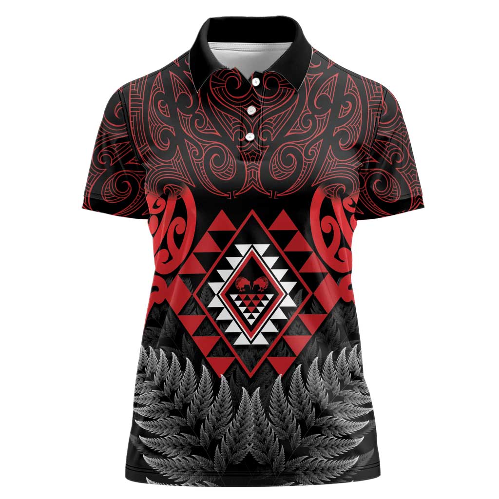 Aotearoa Kiwi Taniko Women Polo Shirt Silver Fern With Maori Koru Pattern - Vibe Hoodie Shop