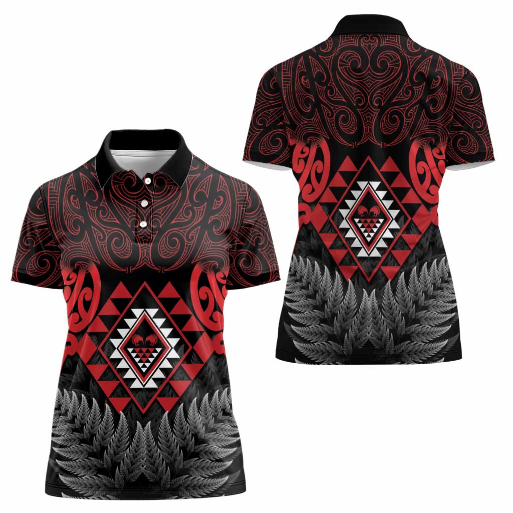 Aotearoa Kiwi Taniko Women Polo Shirt Silver Fern With Maori Koru Pattern - Vibe Hoodie Shop