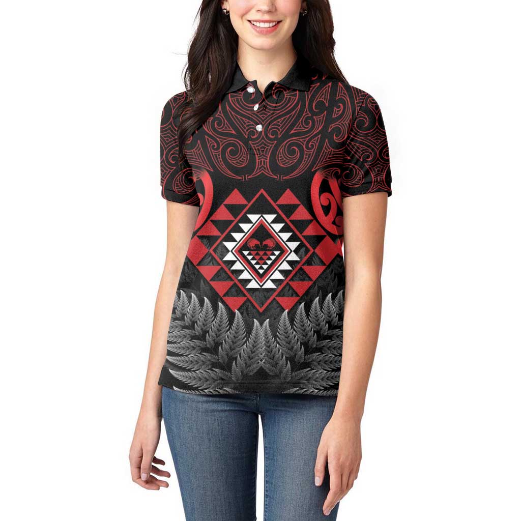 Aotearoa Kiwi Taniko Women Polo Shirt Silver Fern With Maori Koru Pattern - Vibe Hoodie Shop