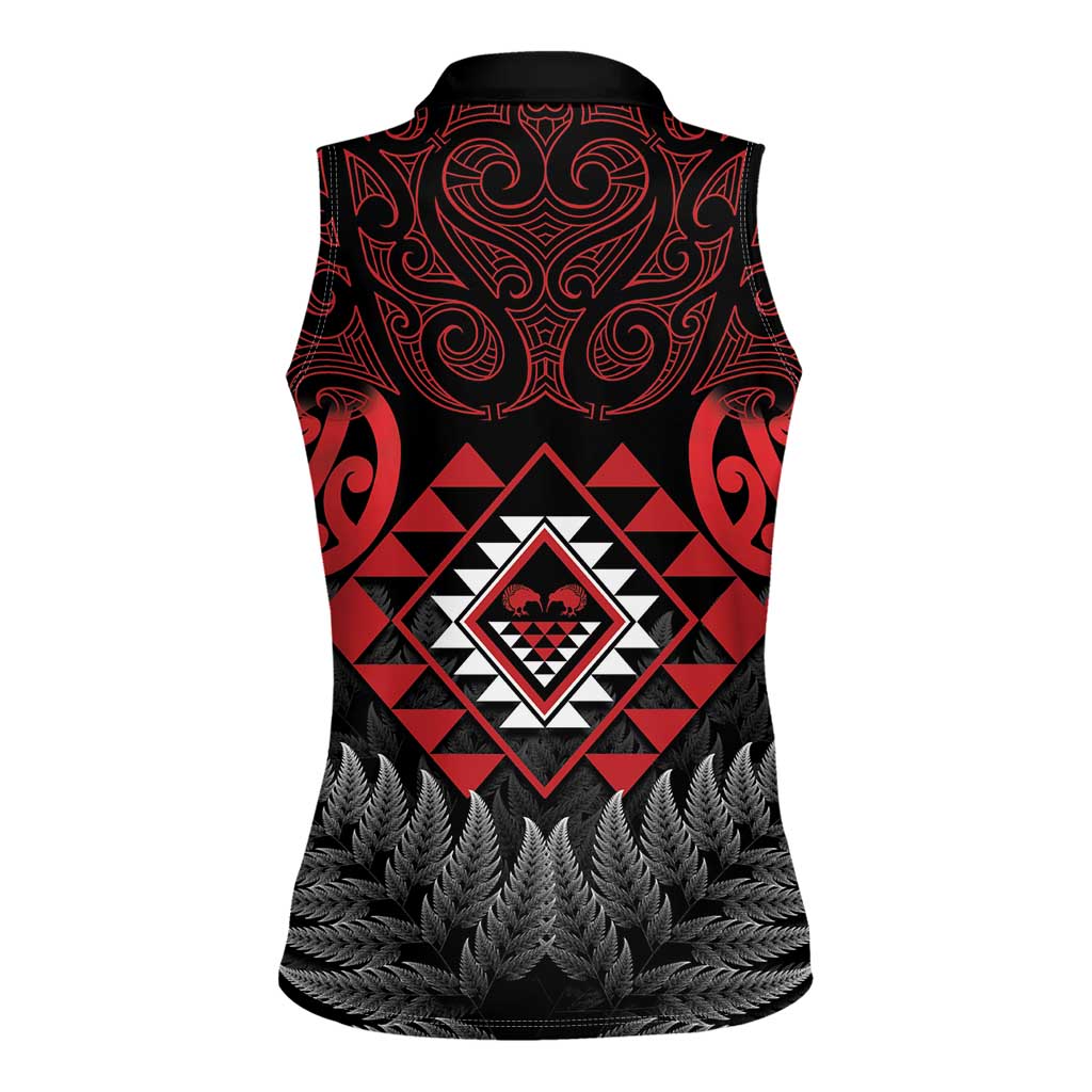 Aotearoa Kiwi Taniko Women Sleeveless Polo Shirt Silver Fern With Maori Koru Pattern