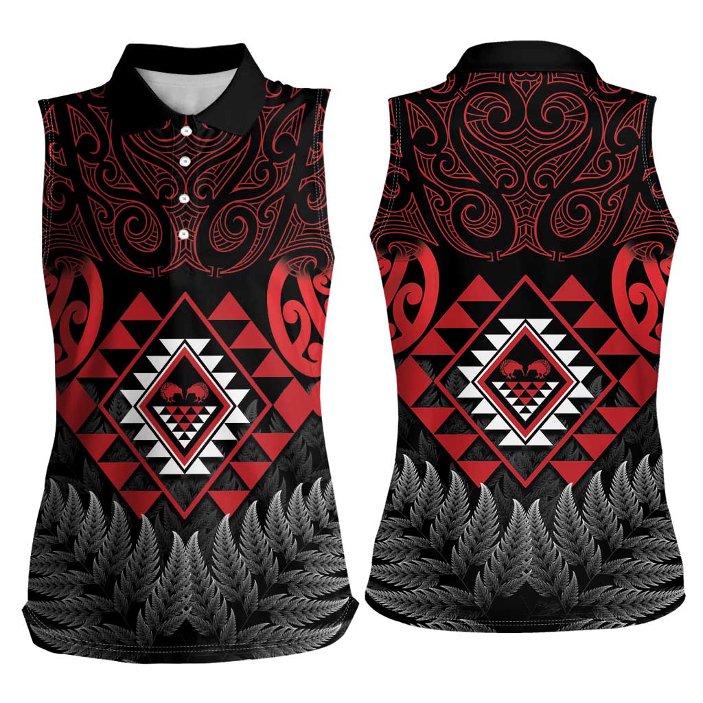 Aotearoa Kiwi Taniko Women Sleeveless Polo Shirt Silver Fern With Maori Koru Pattern