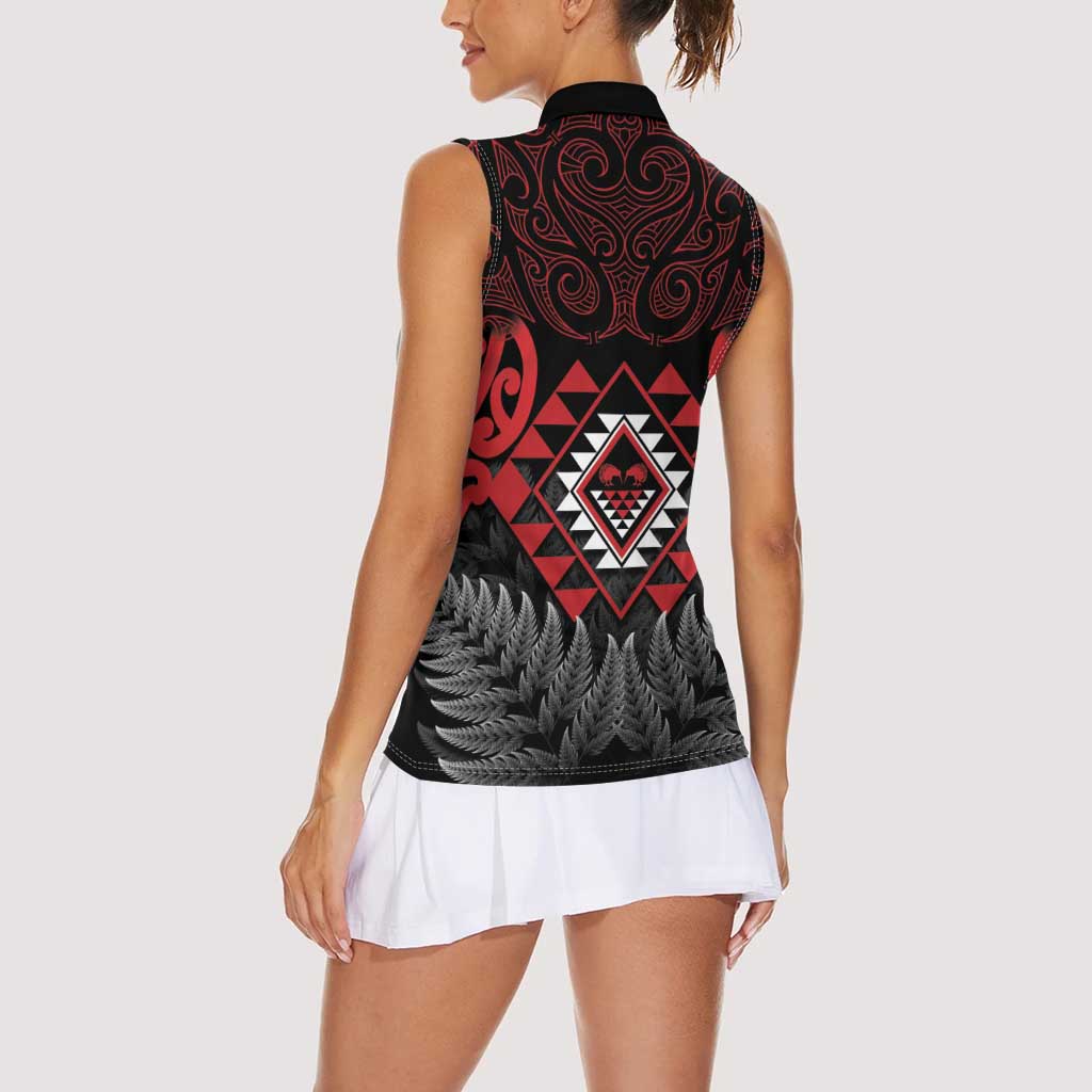 Aotearoa Kiwi Taniko Women Sleeveless Polo Shirt Silver Fern With Maori Koru Pattern