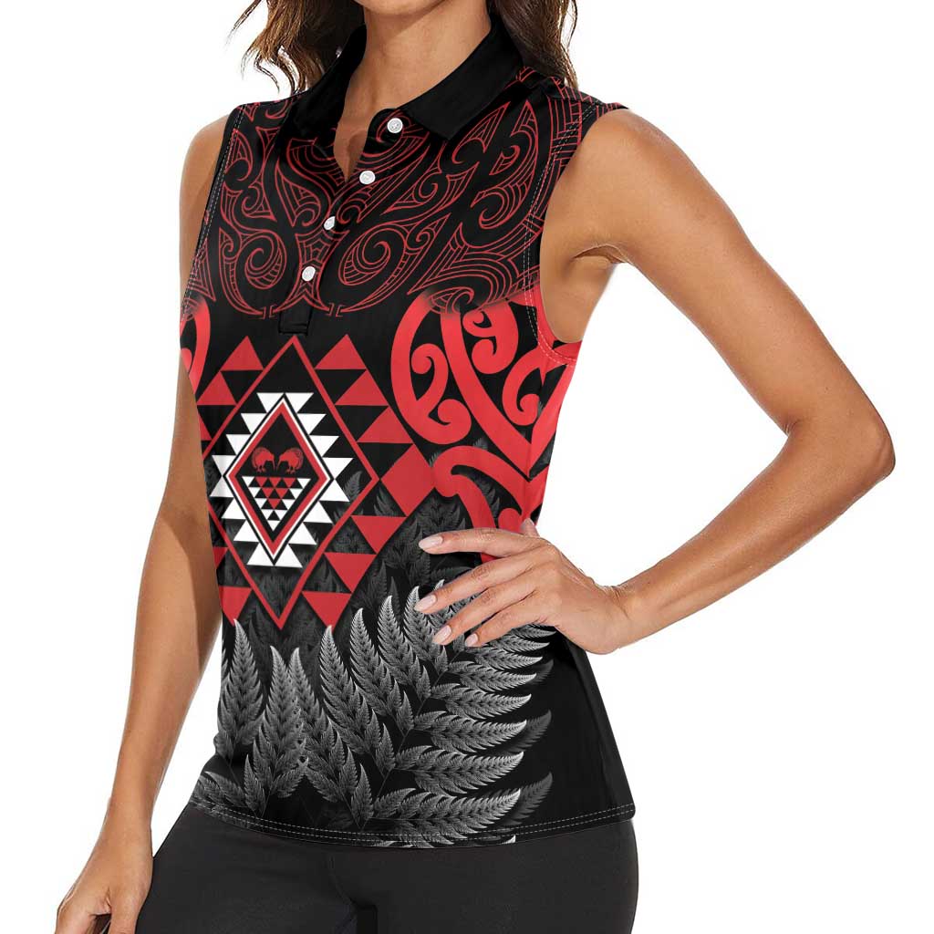 Aotearoa Kiwi Taniko Women Sleeveless Polo Shirt Silver Fern With Maori Koru Pattern