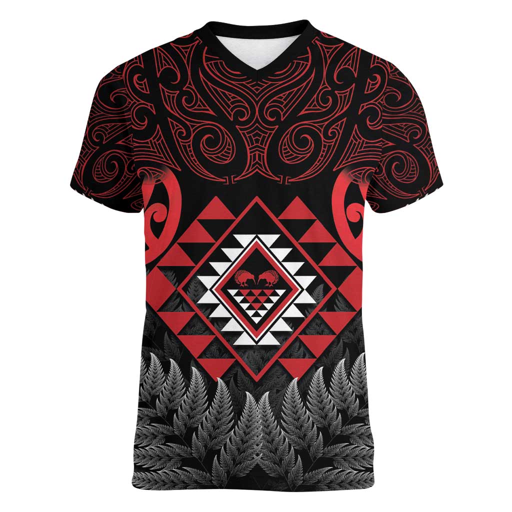 Aotearoa Kiwi Taniko Women V-Neck T-Shirt Silver Fern With Maori Koru Pattern - Vibe Hoodie Shop