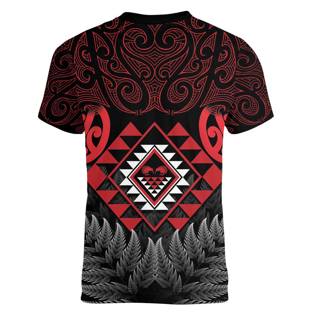 Aotearoa Kiwi Taniko Women V-Neck T-Shirt Silver Fern With Maori Koru Pattern - Vibe Hoodie Shop