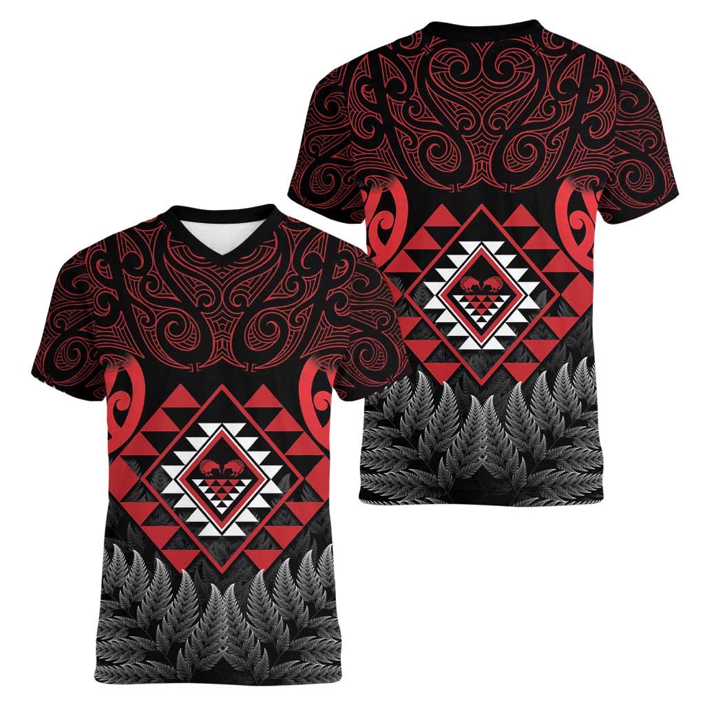 Aotearoa Kiwi Taniko Women V-Neck T-Shirt Silver Fern With Maori Koru Pattern - Vibe Hoodie Shop