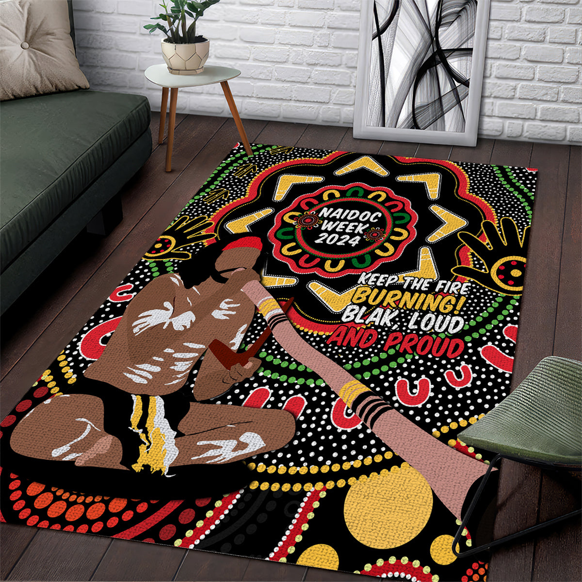 Australia Didgeridoo NAIDOC Week 2024 Area Rug Keep The Fire Burning Blak Loud and Proud - Vibe Hoodie Shop