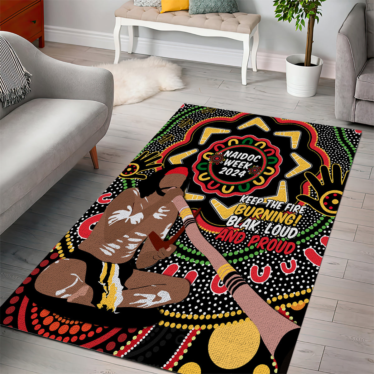 Australia Didgeridoo NAIDOC Week 2024 Area Rug Keep The Fire Burning Blak Loud and Proud - Vibe Hoodie Shop