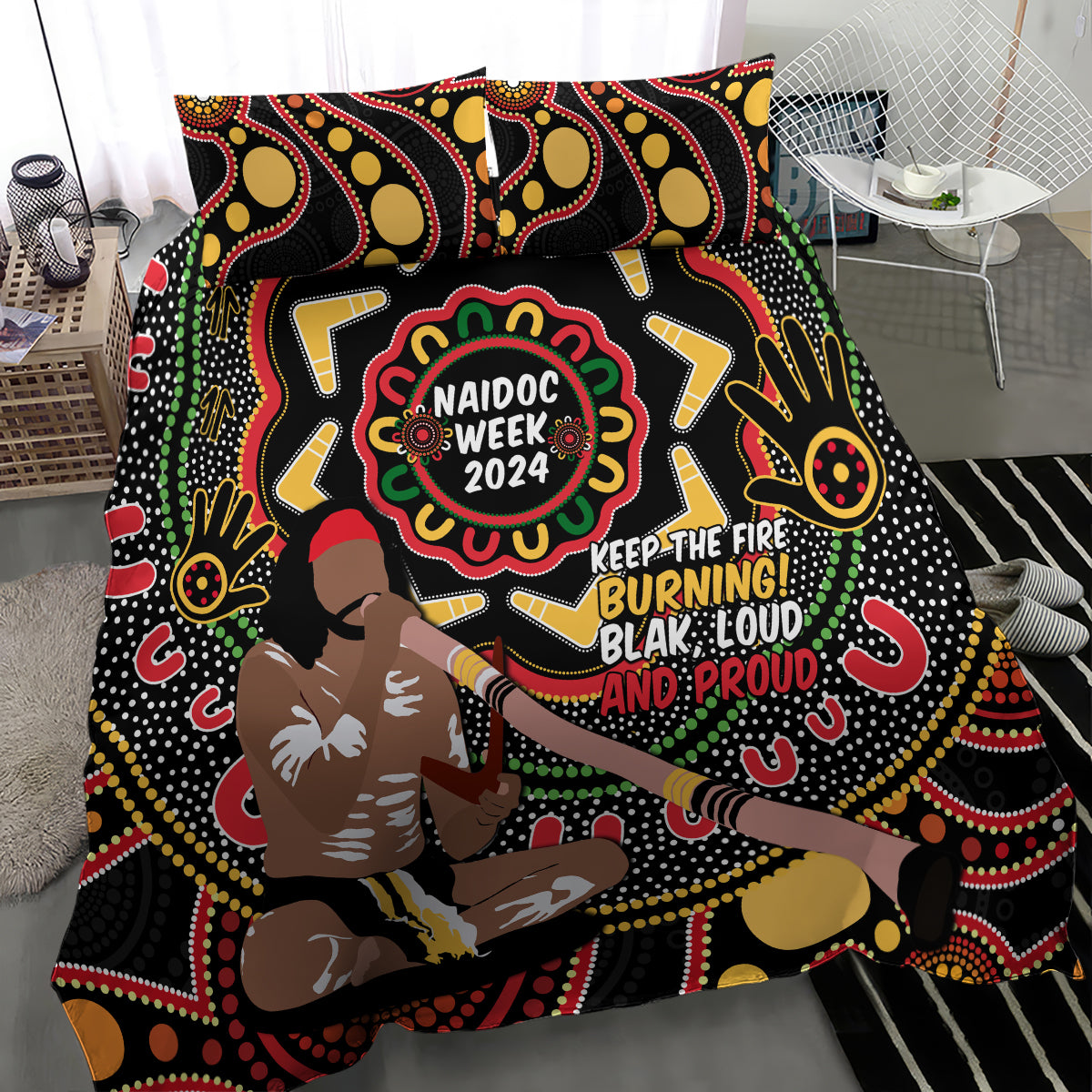 Australia Didgeridoo NAIDOC Week 2024 Bedding Set Keep The Fire Burning Blak Loud and Proud - Vibe Hoodie Shop