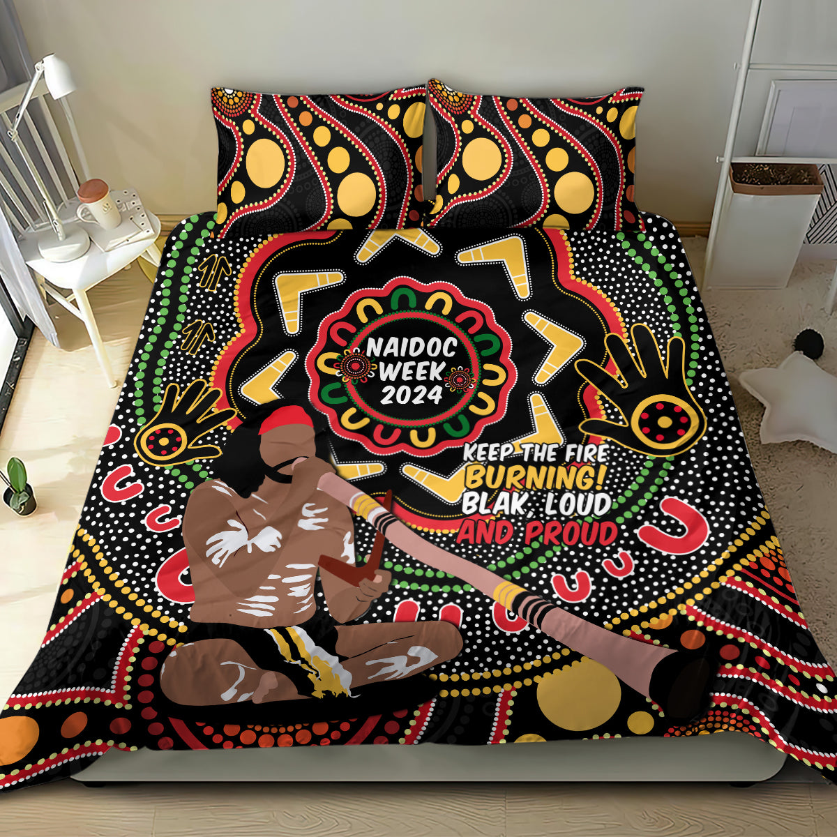 Australia Didgeridoo NAIDOC Week 2024 Bedding Set Keep The Fire Burning Blak Loud and Proud - Vibe Hoodie Shop