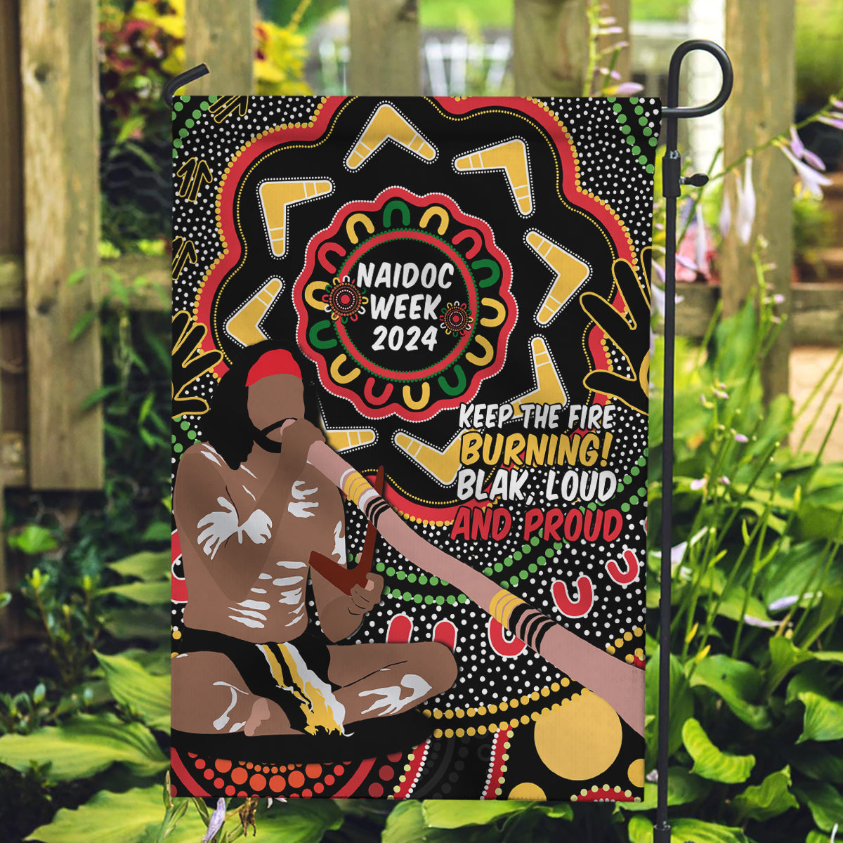 Australia Didgeridoo NAIDOC Week 2024 Garden Flag Keep The Fire Burning Blak Loud and Proud - Vibe Hoodie Shop