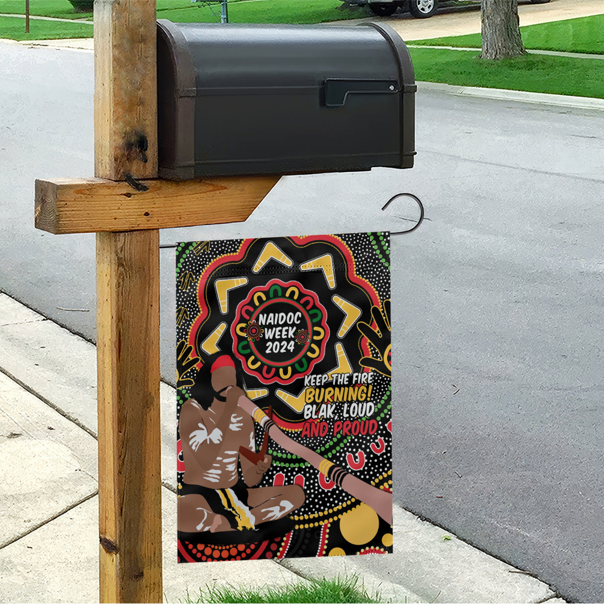 Australia Didgeridoo NAIDOC Week 2024 Garden Flag Keep The Fire Burning Blak Loud and Proud - Vibe Hoodie Shop