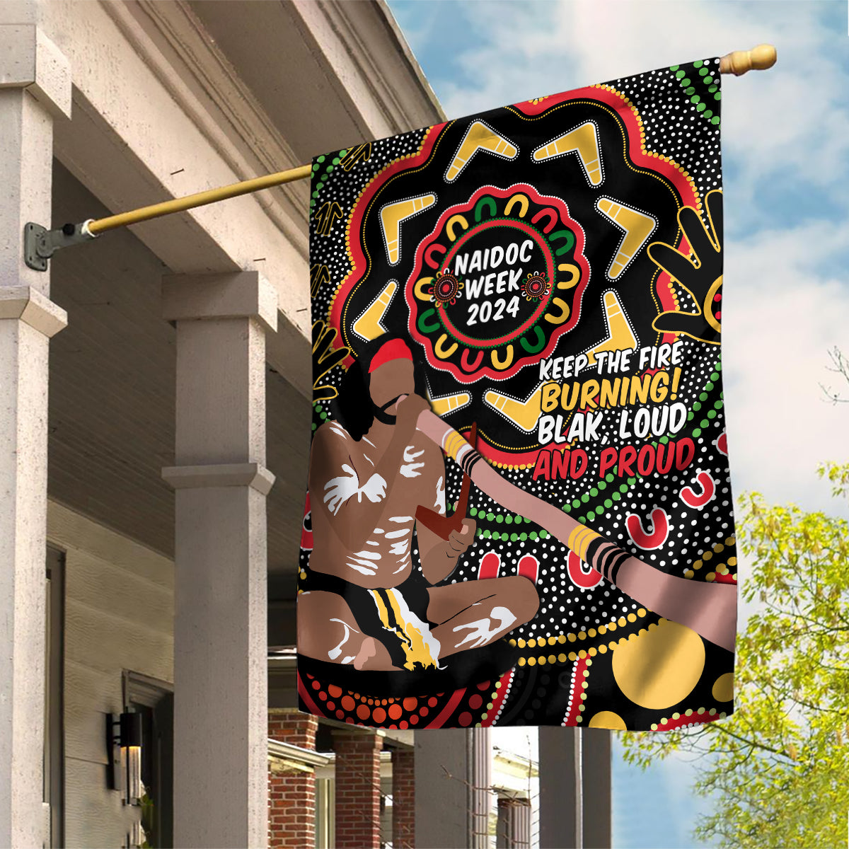 Australia Didgeridoo NAIDOC Week 2024 Garden Flag Keep The Fire Burning Blak Loud and Proud - Vibe Hoodie Shop