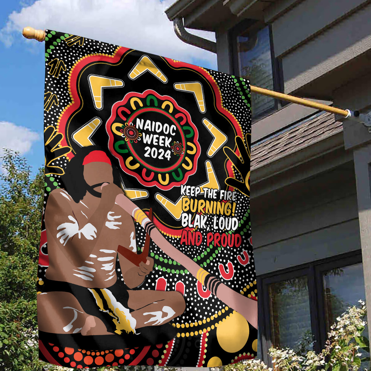 Australia Didgeridoo NAIDOC Week 2024 Garden Flag Keep The Fire Burning Blak Loud and Proud - Vibe Hoodie Shop