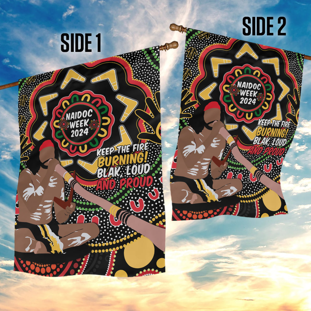 Australia Didgeridoo NAIDOC Week 2024 Garden Flag Keep The Fire Burning Blak Loud and Proud - Vibe Hoodie Shop