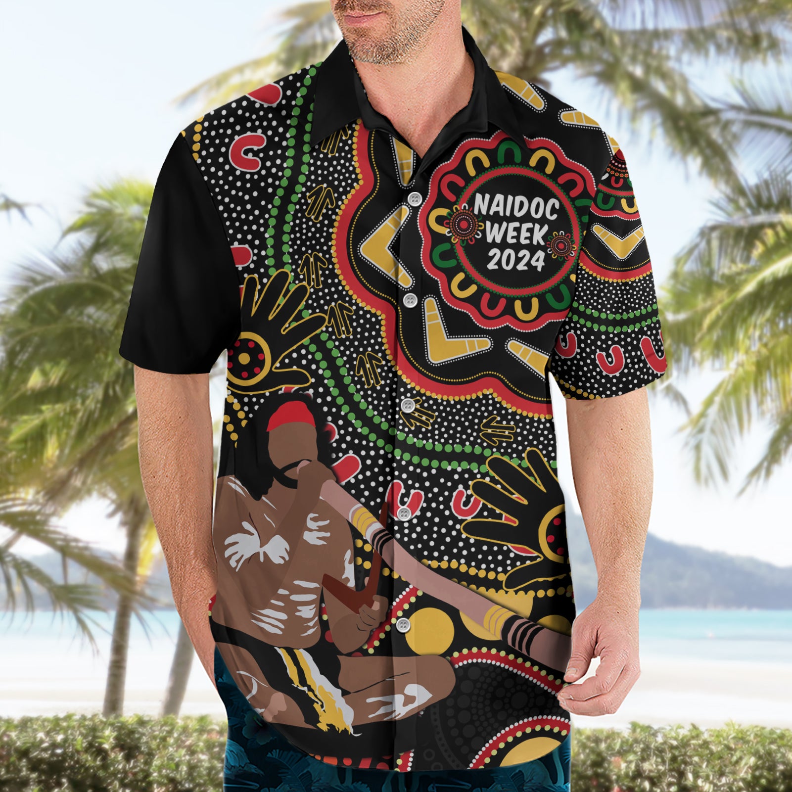 Australia Didgeridoo NAIDOC Week 2024 Hawaiian Shirt Keep The Fire Burning Blak Loud and Proud - Vibe Hoodie Shop