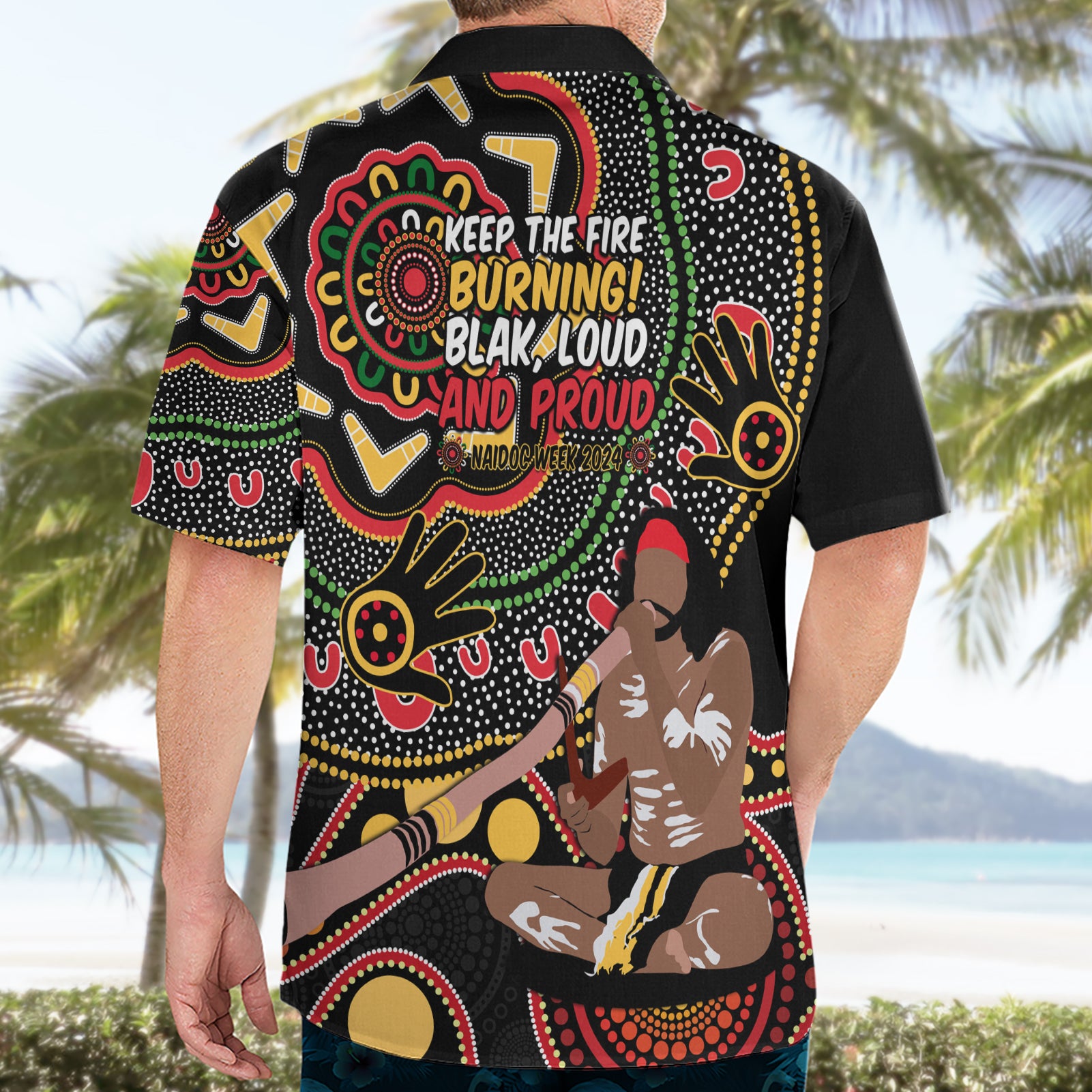 Australia Didgeridoo NAIDOC Week 2024 Hawaiian Shirt Keep The Fire Burning Blak Loud and Proud - Vibe Hoodie Shop