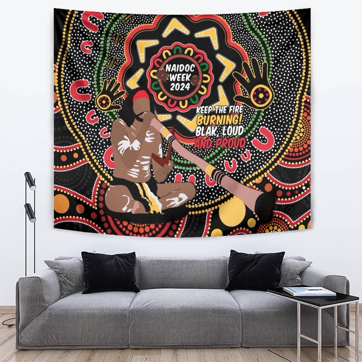 Australia Didgeridoo NAIDOC Week 2024 Tapestry Keep The Fire Burning Blak Loud and Proud - Vibe Hoodie Shop