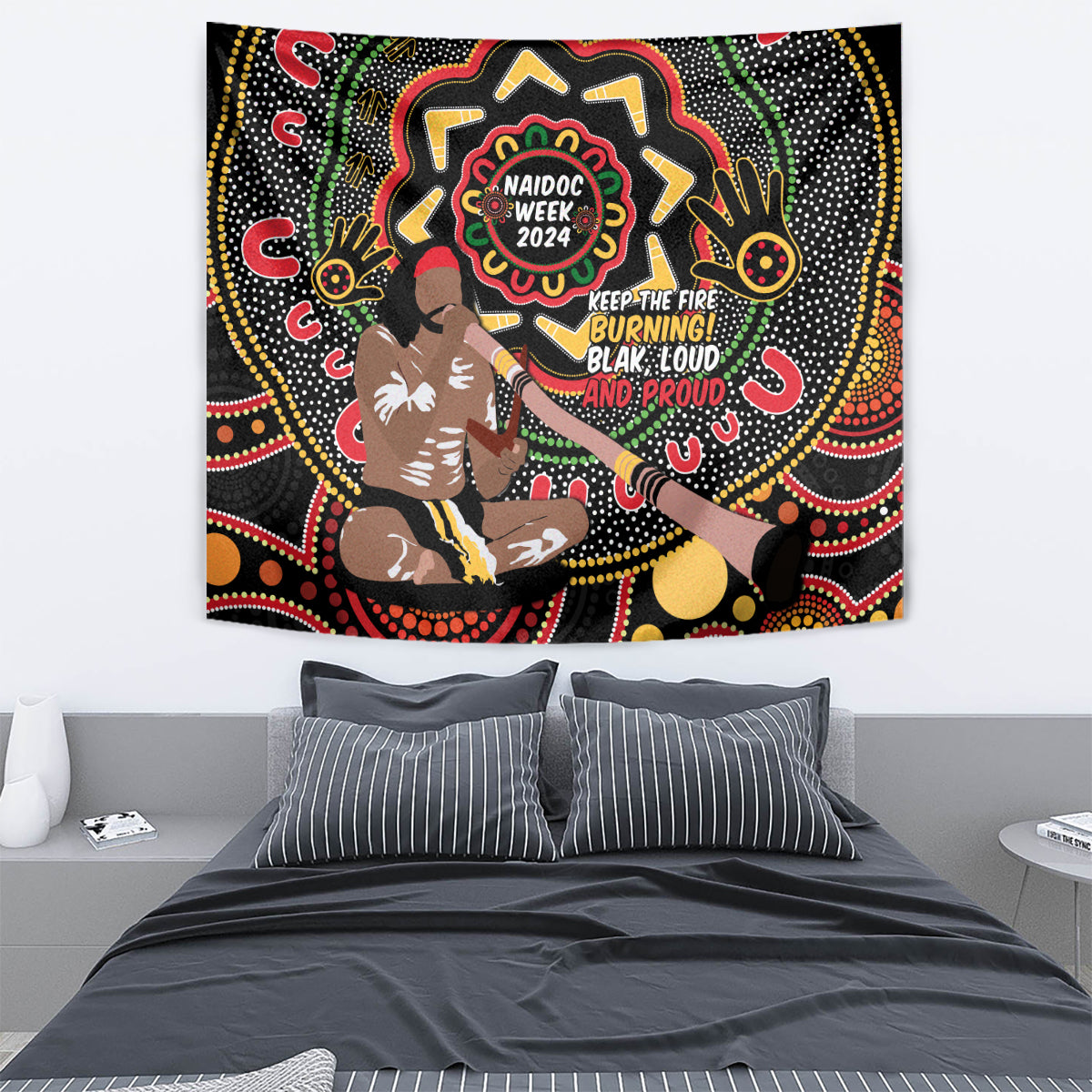 Australia Didgeridoo NAIDOC Week 2024 Tapestry Keep The Fire Burning Blak Loud and Proud - Vibe Hoodie Shop