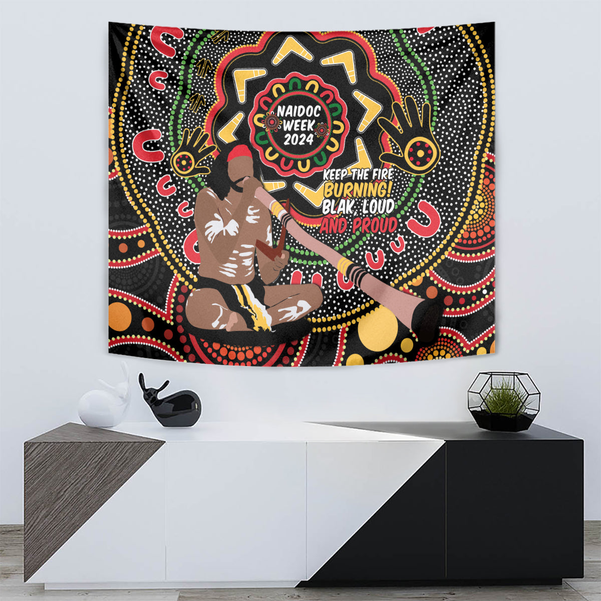 Australia Didgeridoo NAIDOC Week 2024 Tapestry Keep The Fire Burning Blak Loud and Proud - Vibe Hoodie Shop