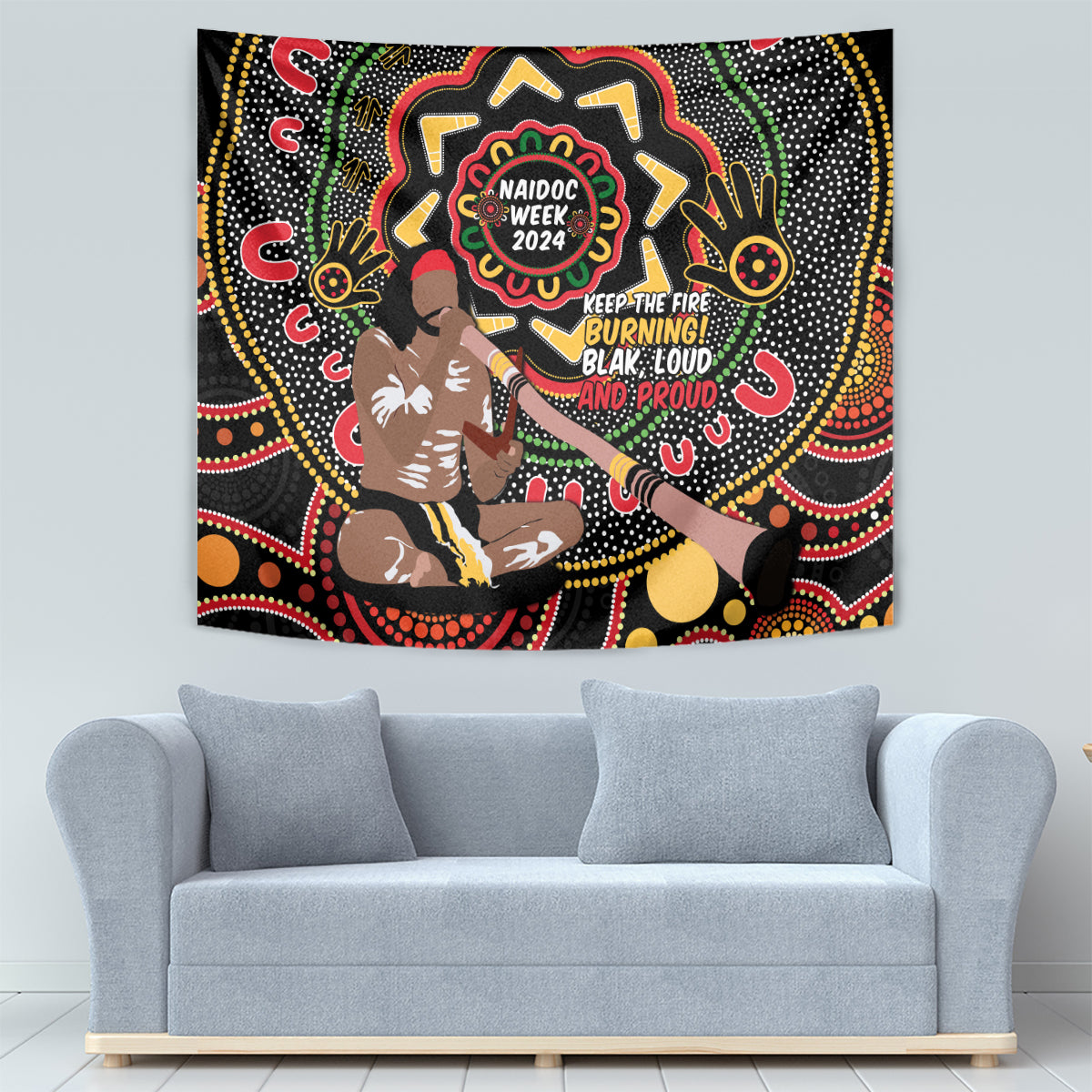 Australia Didgeridoo NAIDOC Week 2024 Tapestry Keep The Fire Burning Blak Loud and Proud - Vibe Hoodie Shop