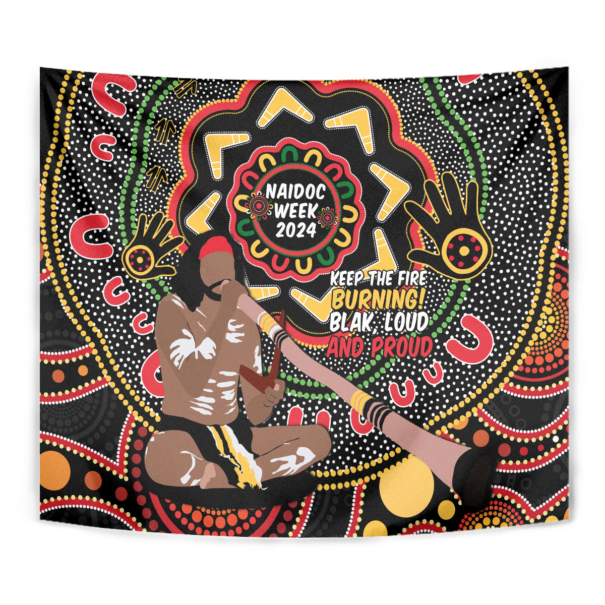 Australia Didgeridoo NAIDOC Week 2024 Tapestry Keep The Fire Burning Blak Loud and Proud - Vibe Hoodie Shop