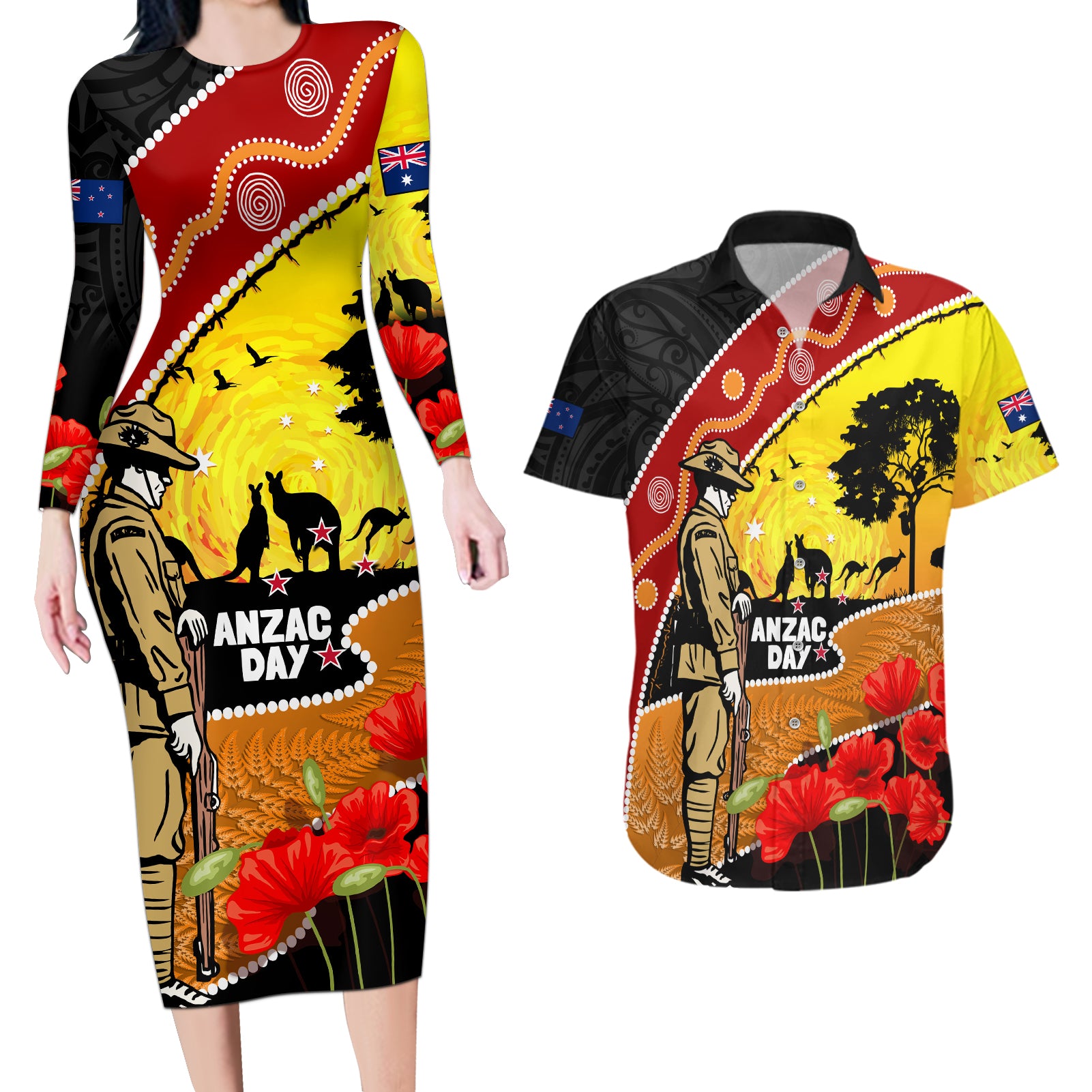 New Zealand And Australia ANZAC Day Couples Matching Long Sleeve Bodycon Dress and Hawaiian Shirt Aboriginal Maori Starring Night Style