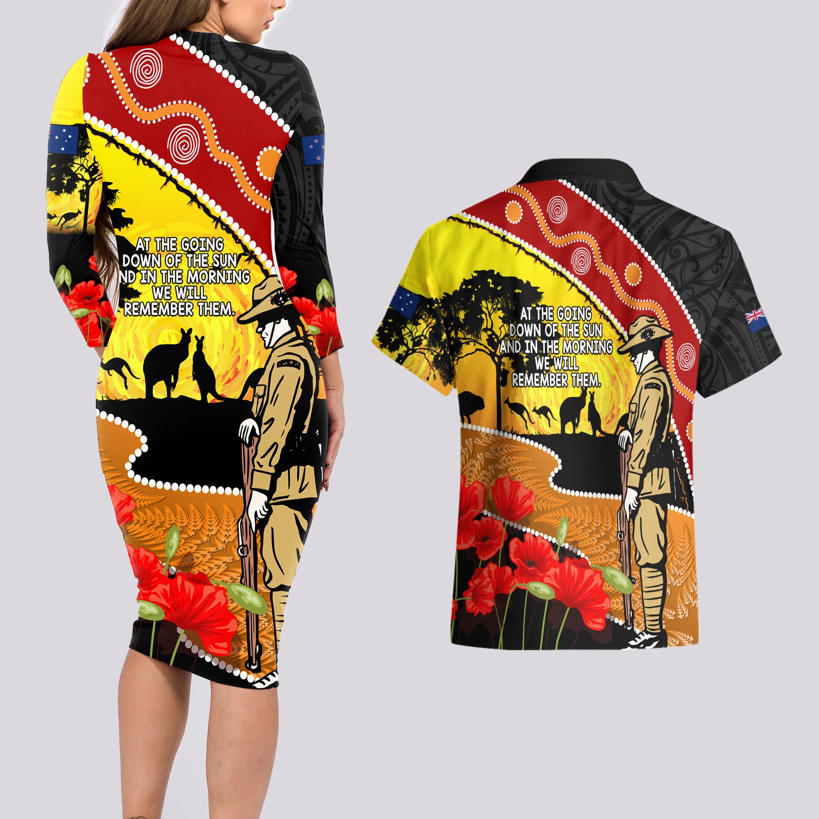New Zealand And Australia ANZAC Day Couples Matching Long Sleeve Bodycon Dress and Hawaiian Shirt Aboriginal Maori Starring Night Style