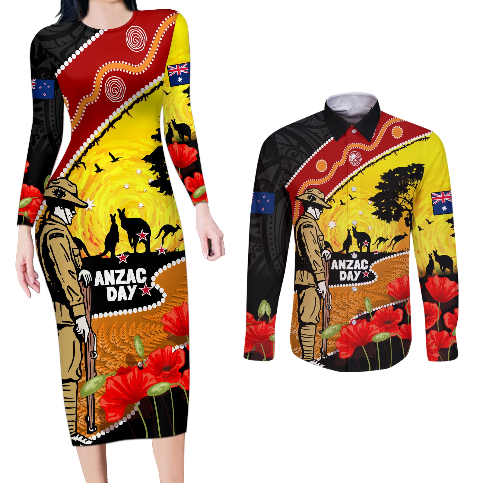 New Zealand And Australia ANZAC Day Couples Matching Long Sleeve Bodycon Dress and Long Sleeve Button Shirt Aboriginal Maori Starring Night Style