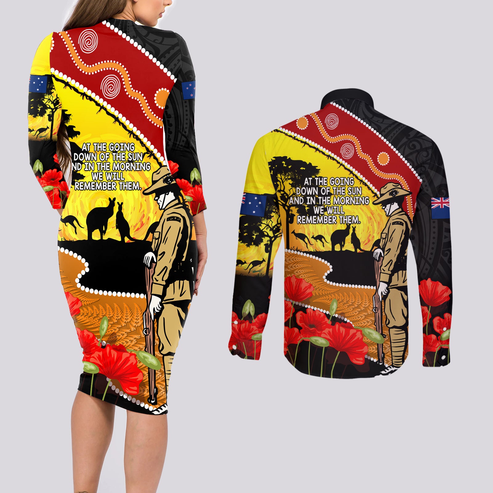 New Zealand And Australia ANZAC Day Couples Matching Long Sleeve Bodycon Dress and Long Sleeve Button Shirt Aboriginal Maori Starring Night Style