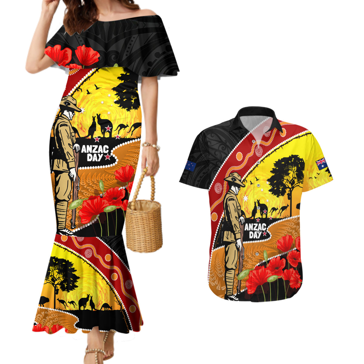 New Zealand And Australia ANZAC Day Couples Matching Mermaid Dress and Hawaiian Shirt Aboriginal Maori Starring Night Style