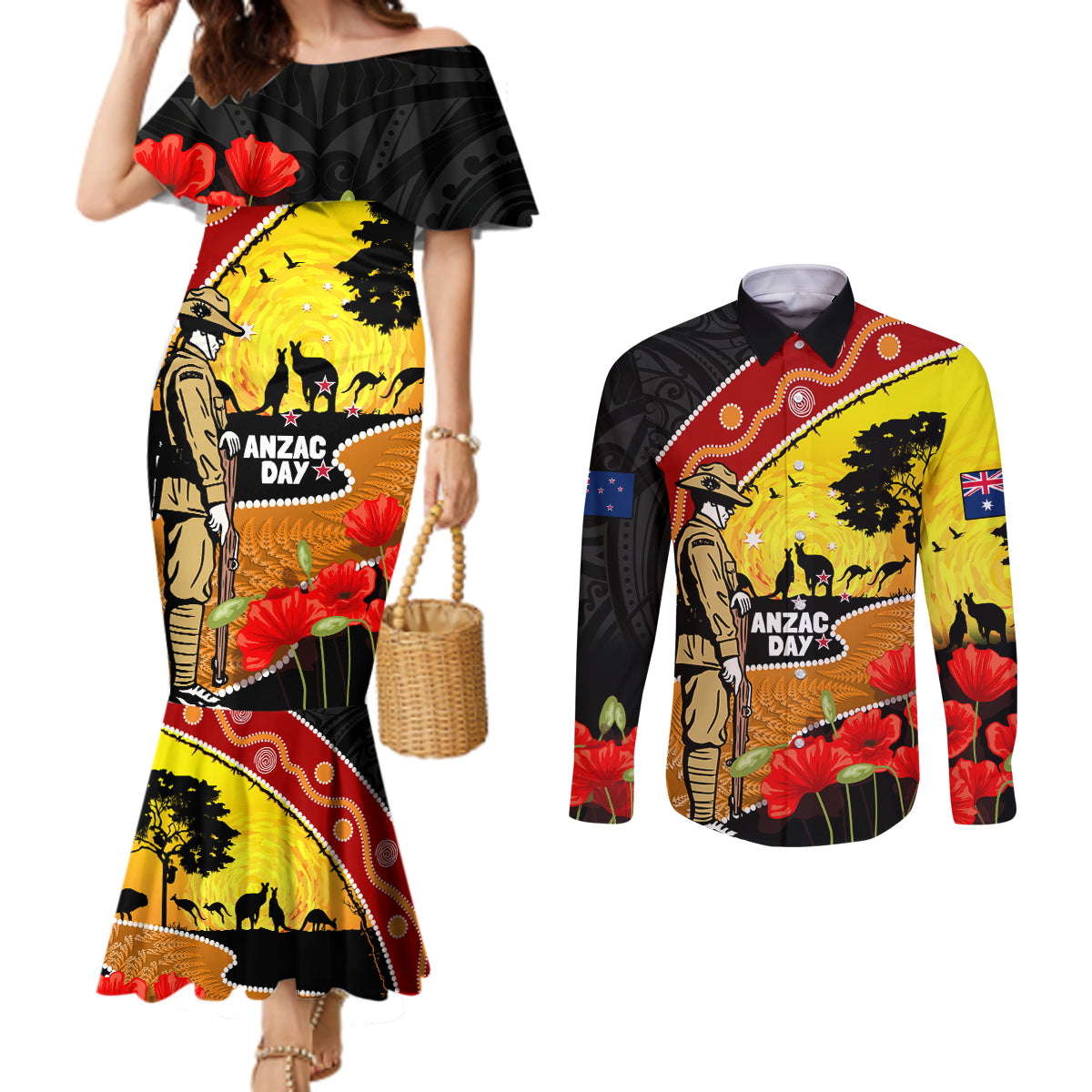 New Zealand And Australia ANZAC Day Couples Matching Mermaid Dress and Long Sleeve Button Shirt Aboriginal Maori Starring Night Style