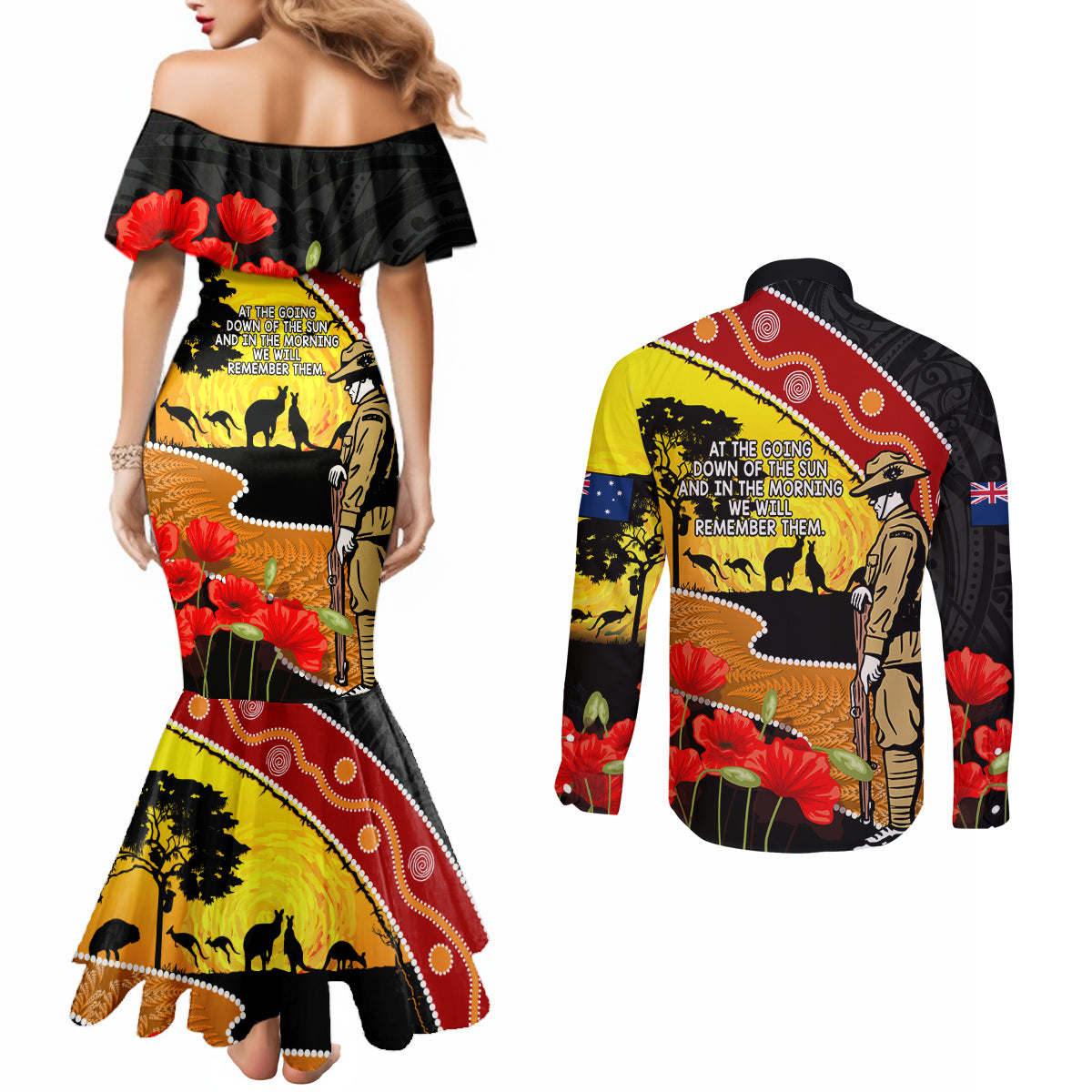 New Zealand And Australia ANZAC Day Couples Matching Mermaid Dress and Long Sleeve Button Shirt Aboriginal Maori Starring Night Style