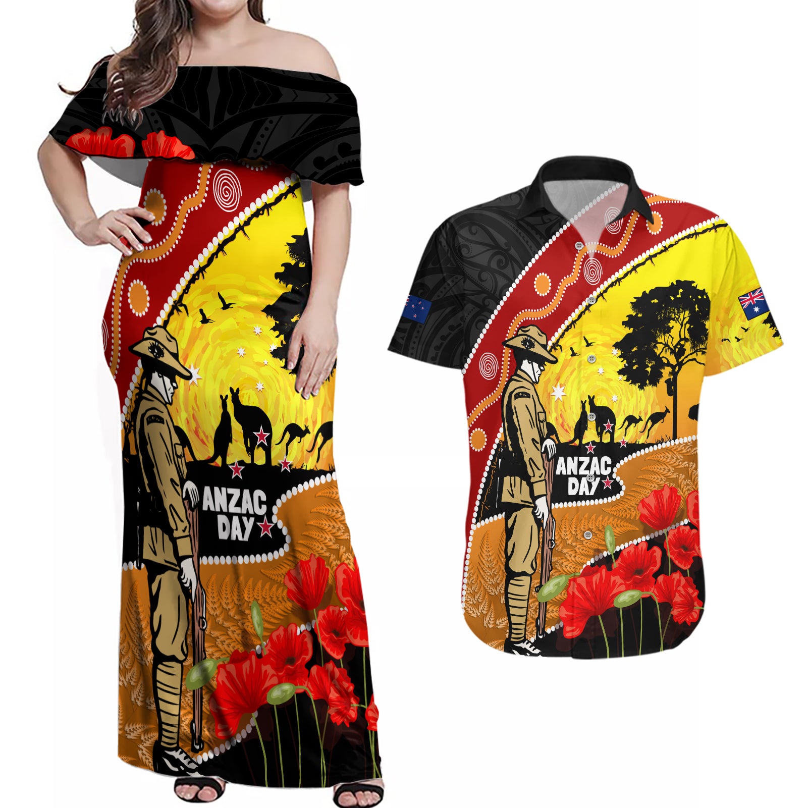 New Zealand And Australia ANZAC Day Couples Matching Off Shoulder Maxi Dress and Hawaiian Shirt Aboriginal Maori Starring Night Style