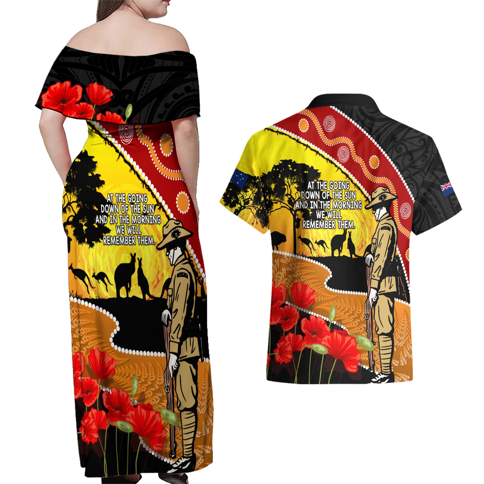 New Zealand And Australia ANZAC Day Couples Matching Off Shoulder Maxi Dress and Hawaiian Shirt Aboriginal Maori Starring Night Style