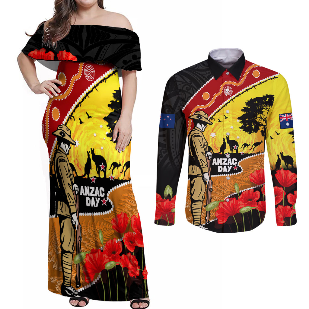 New Zealand And Australia ANZAC Day Couples Matching Off Shoulder Maxi Dress and Long Sleeve Button Shirt Aboriginal Maori Starring Night Style
