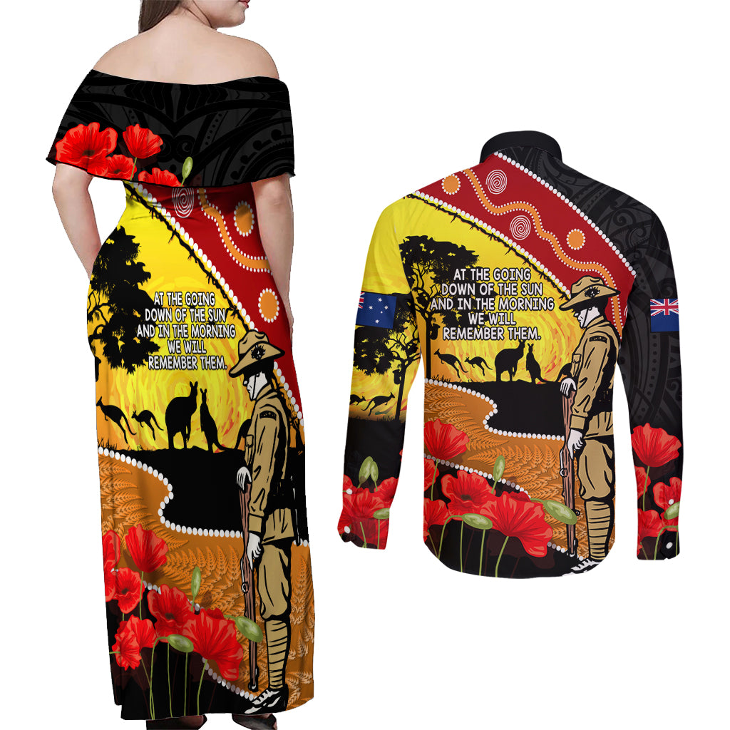 New Zealand And Australia ANZAC Day Couples Matching Off Shoulder Maxi Dress and Long Sleeve Button Shirt Aboriginal Maori Starring Night Style