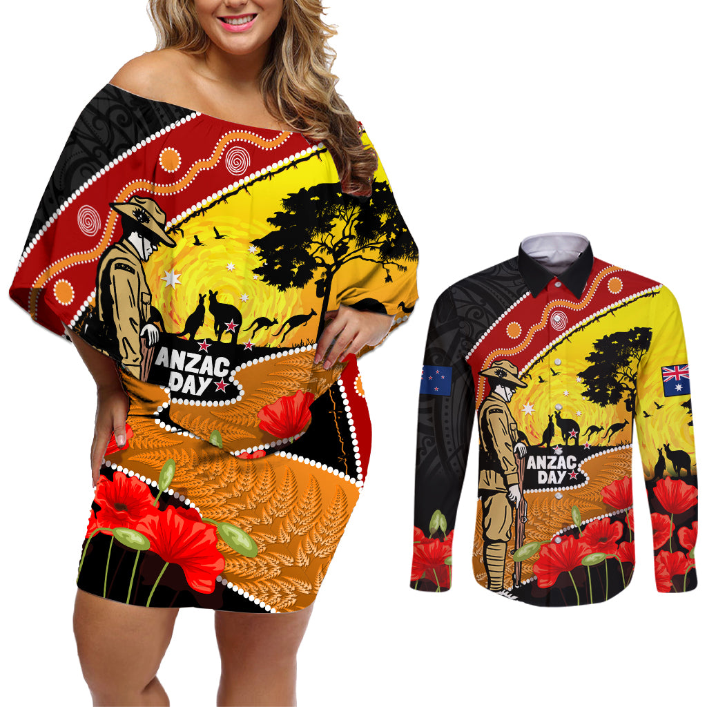 New Zealand And Australia ANZAC Day Couples Matching Off Shoulder Short Dress and Long Sleeve Button Shirt Aboriginal Maori Starring Night Style