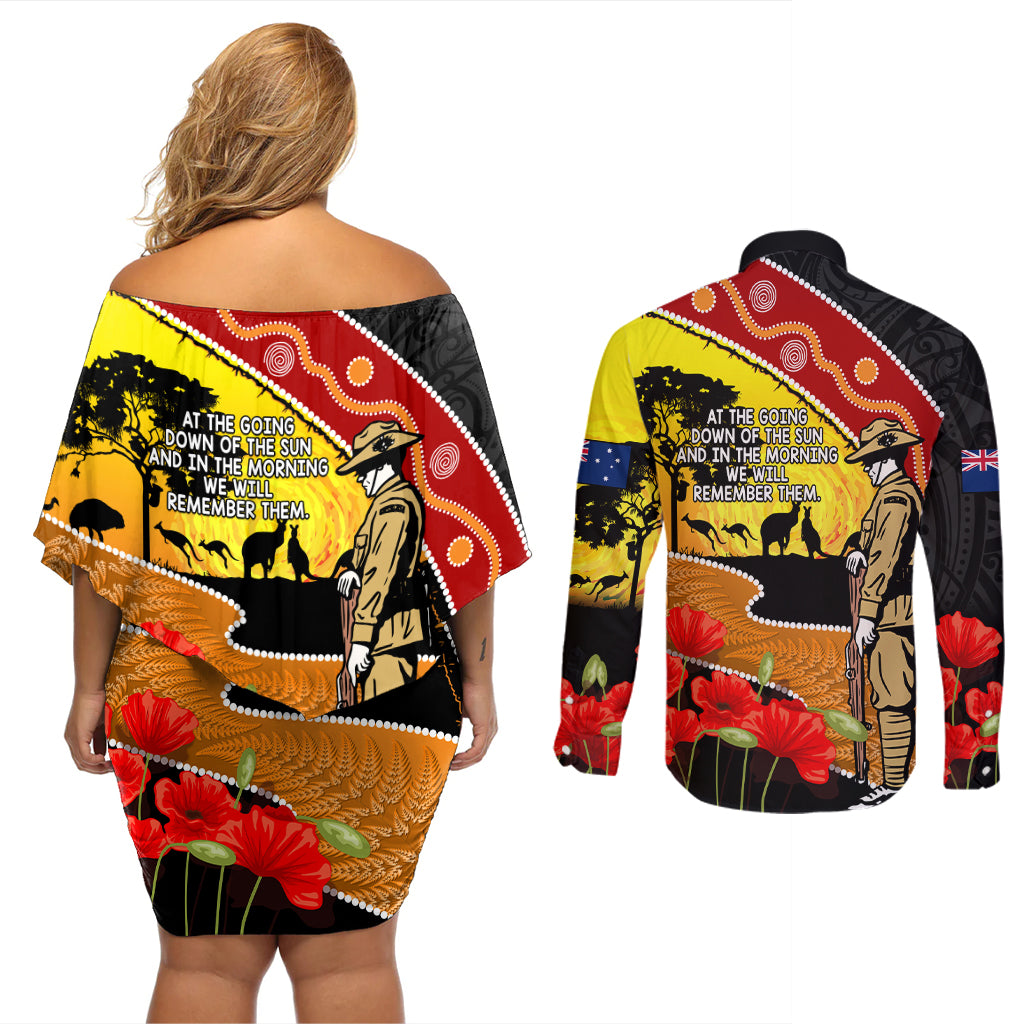 New Zealand And Australia ANZAC Day Couples Matching Off Shoulder Short Dress and Long Sleeve Button Shirt Aboriginal Maori Starring Night Style