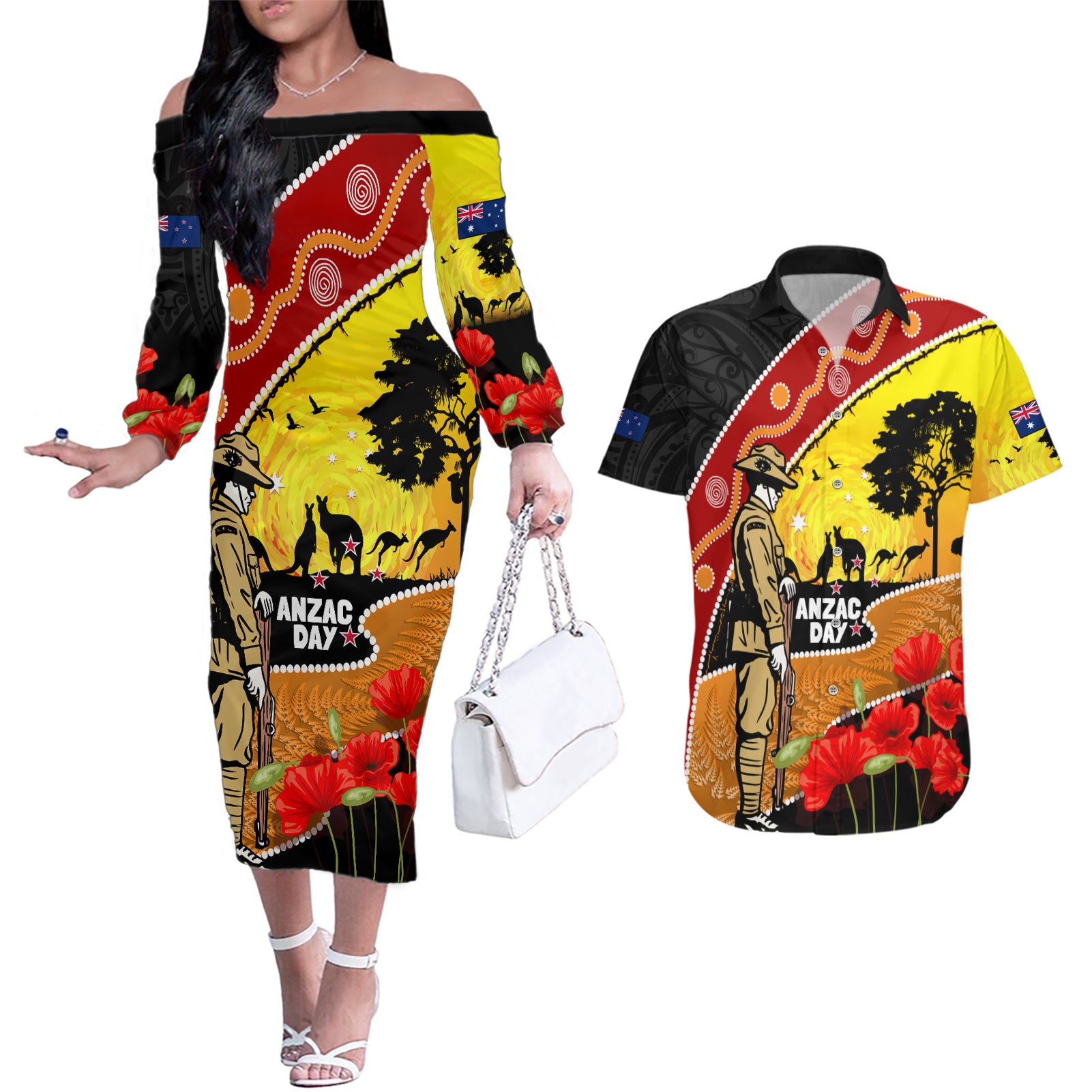 New Zealand And Australia ANZAC Day Couples Matching Off The Shoulder Long Sleeve Dress and Hawaiian Shirt Aboriginal Maori Starring Night Style