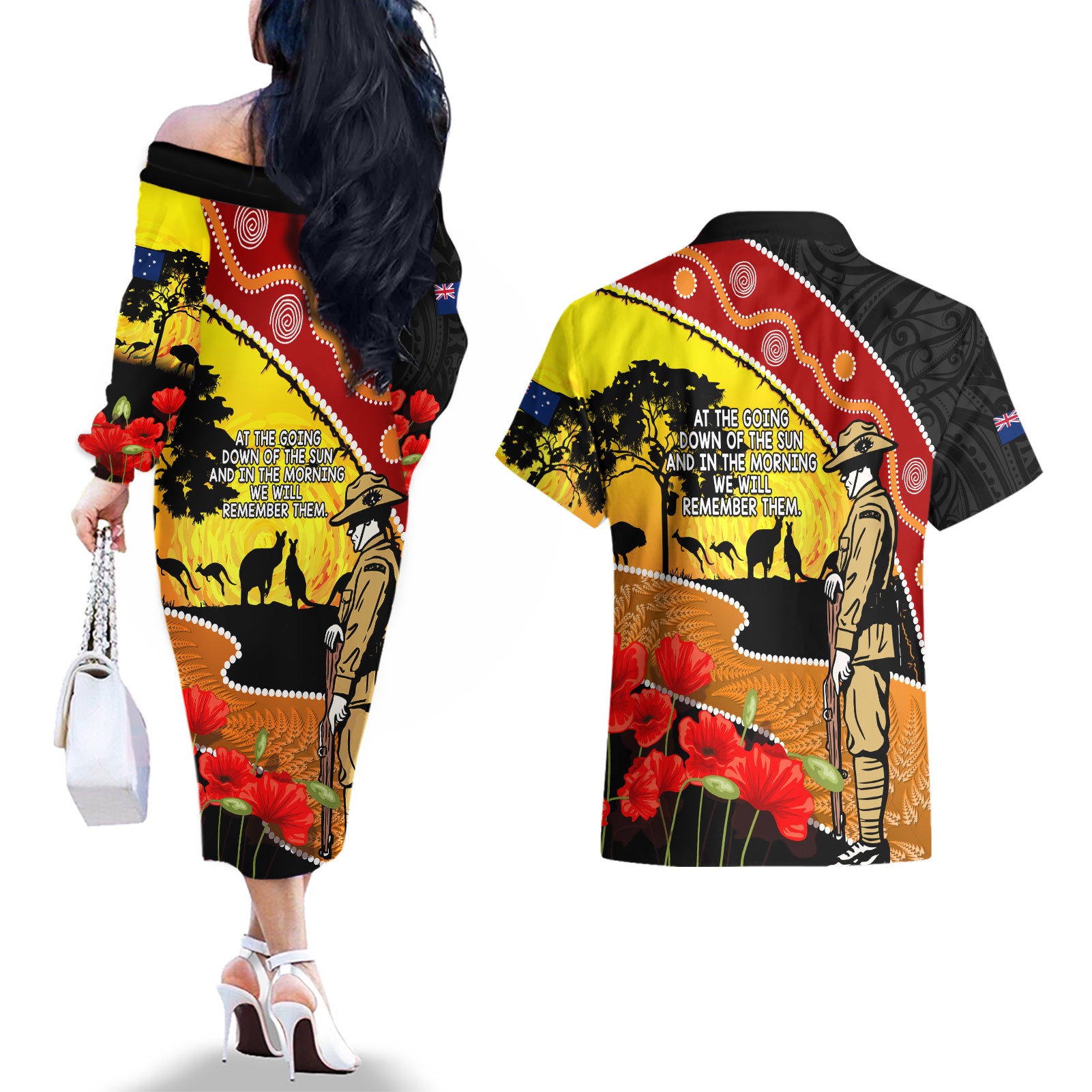 New Zealand And Australia ANZAC Day Couples Matching Off The Shoulder Long Sleeve Dress and Hawaiian Shirt Aboriginal Maori Starring Night Style