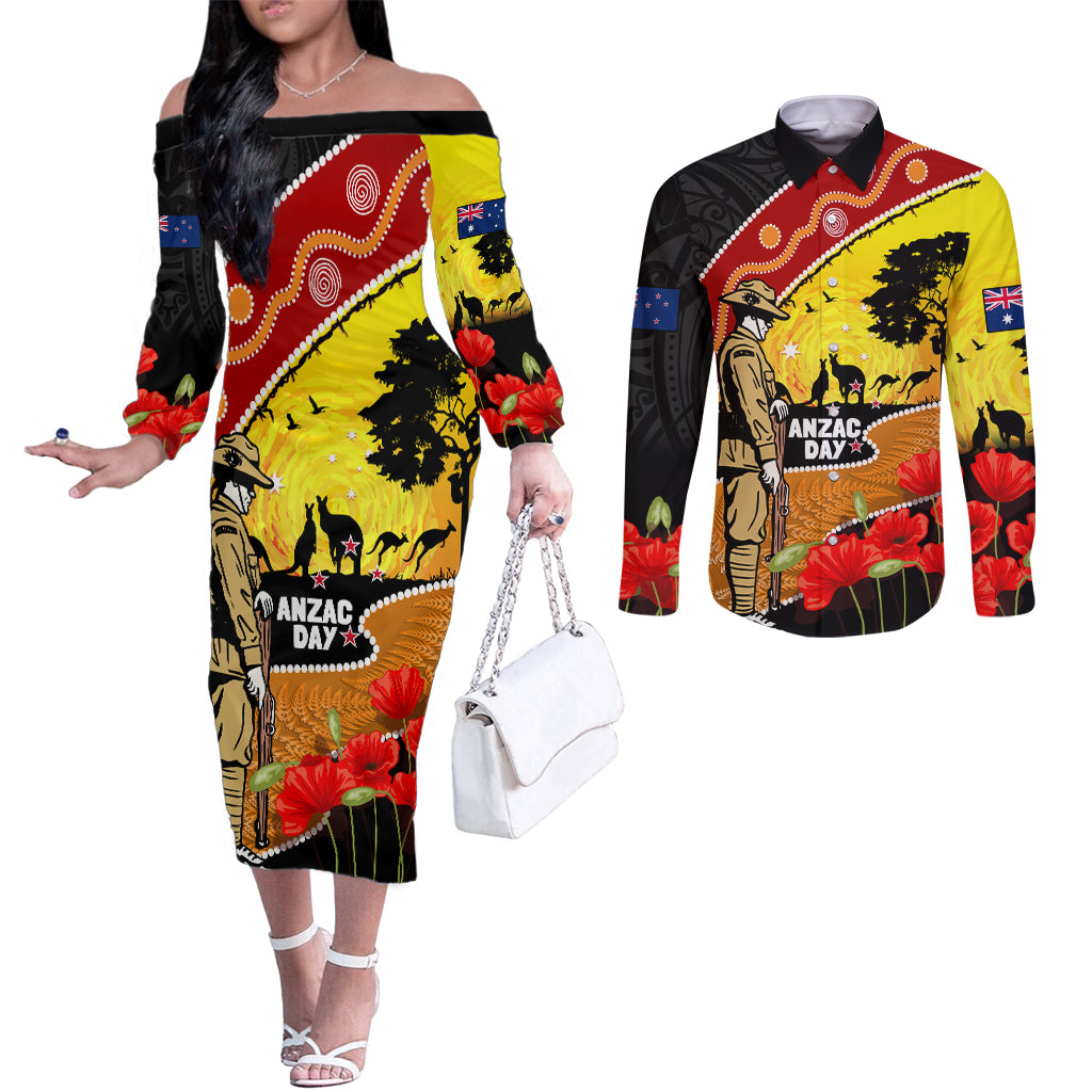 New Zealand And Australia ANZAC Day Couples Matching Off The Shoulder Long Sleeve Dress and Long Sleeve Button Shirt Aboriginal Maori Starring Night Style