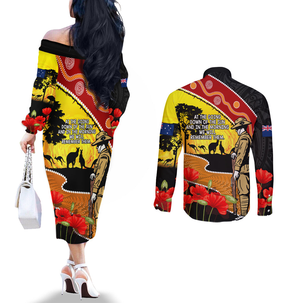 New Zealand And Australia ANZAC Day Couples Matching Off The Shoulder Long Sleeve Dress and Long Sleeve Button Shirt Aboriginal Maori Starring Night Style
