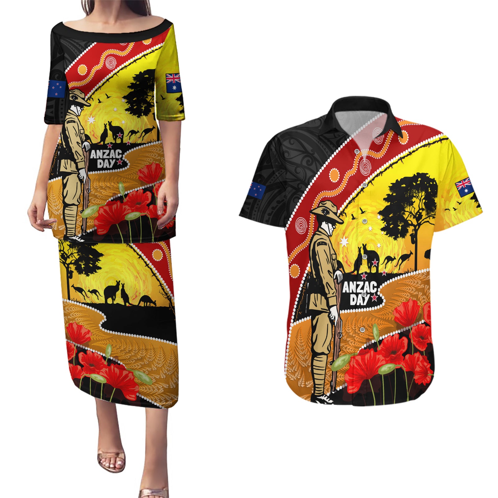 New Zealand And Australia ANZAC Day Couples Matching Puletasi and Hawaiian Shirt Aboriginal Maori Starring Night Style