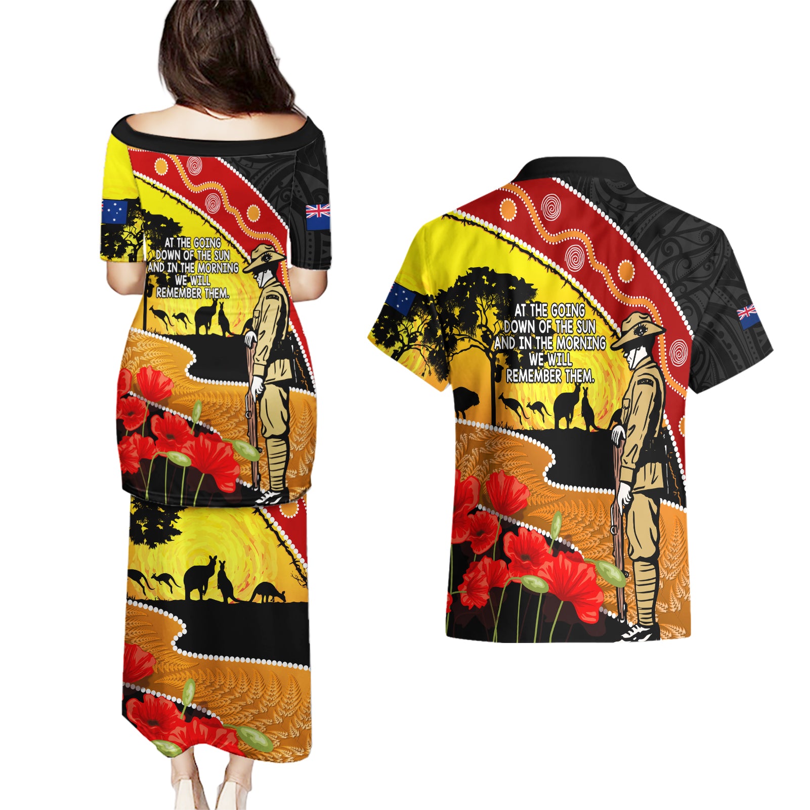 New Zealand And Australia ANZAC Day Couples Matching Puletasi and Hawaiian Shirt Aboriginal Maori Starring Night Style