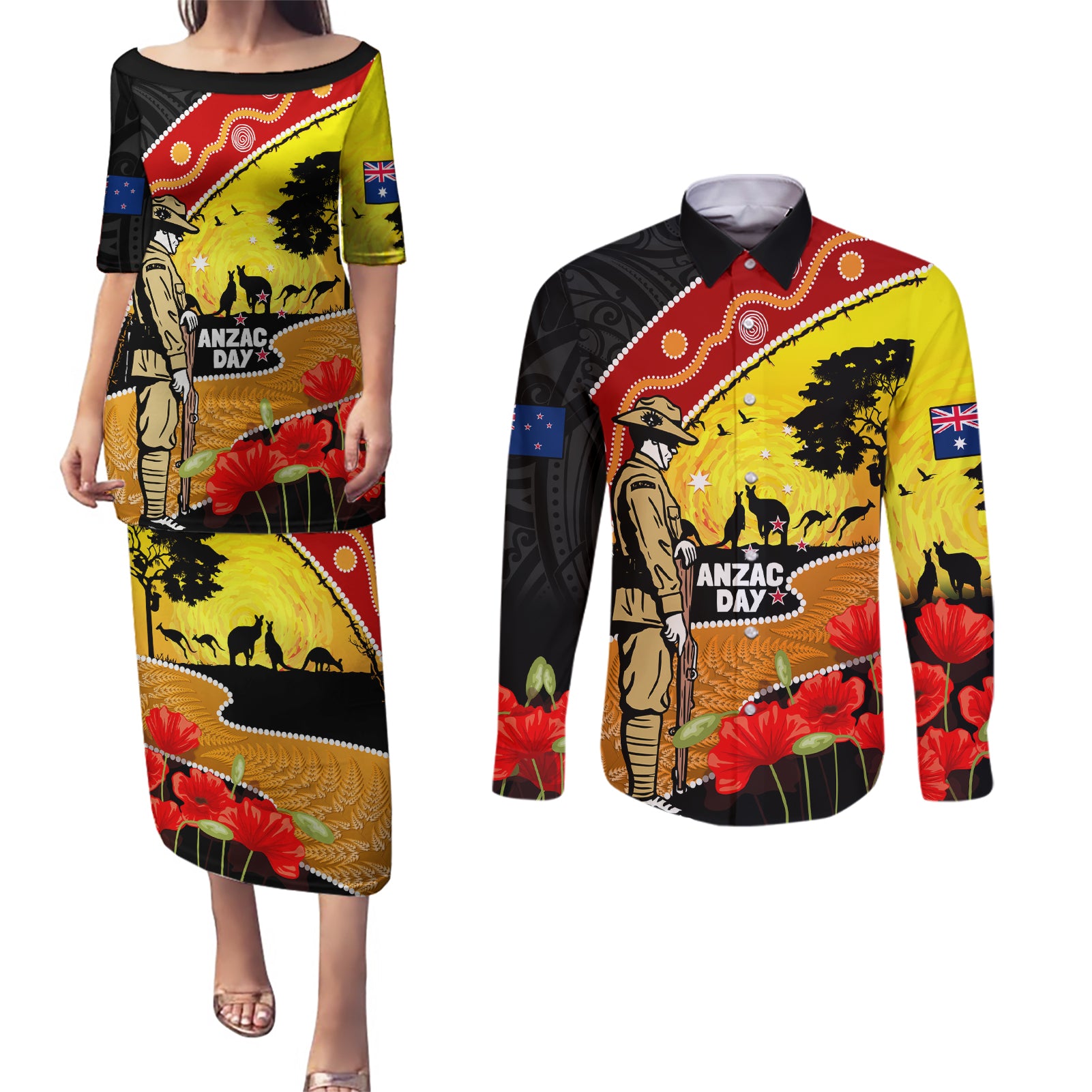 New Zealand And Australia ANZAC Day Couples Matching Puletasi and Long Sleeve Button Shirt Aboriginal Maori Starring Night Style